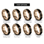 font options for inside engraving on black & rose gold arrow halves heart rings