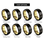 font options for inside engraving on black & gold atomic orbit heart rings