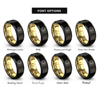 font options for inside engraving on black & gold atomic orbit heart rings
