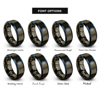 font options for inside engraving on gunmetal & blue atomic orbitals rings