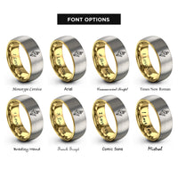 font options for inside engraving on gold & gray august gladiolus rings