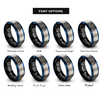 font options for inside engraving on black & blue & silver badminton racquet shuttlecock rings