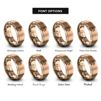 font options for inside engraving on rose gold balance scale heart rings