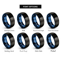 font options for inside engraving on black & blue balloons rings