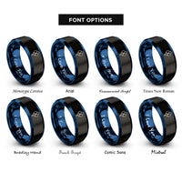font options for inside engraving on black & blue balloons rings