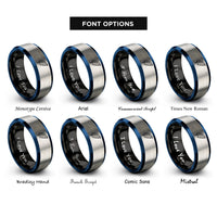 font options for inside engraving on black & blue & grey banana leaf rings