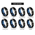 font options for inside engraving on black & blue & gray bar chart rings