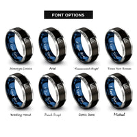 font options for inside engraving on black & blue & gray bar chart rings