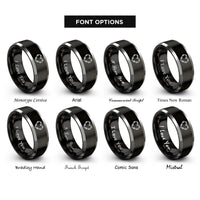 font options for inside engraving on black & grey barbed wire heart rings