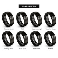 font options for inside engraving on black barbed wire heart rings