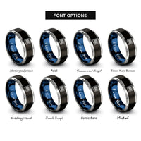 font options for inside engraving on black & blue & gray barcode lines rings