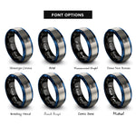 font options for inside engraving on black & blue & gray barcode lines rings
