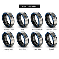 font options for inside engraving on black & blue & grey barcode lines rings