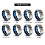 font options for inside engraving on blue & gray barcode lines rings