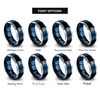 font options for inside engraving on blue & grey barcode lines rings