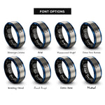 font options for inside engraving on black & blue & grey barrel wave crest rings
