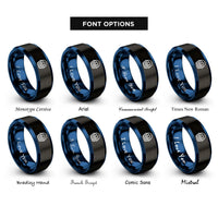 font options for inside engraving on black & blue basket eggs rings