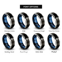 font options for inside engraving on black & blue & gray basket flowers rings