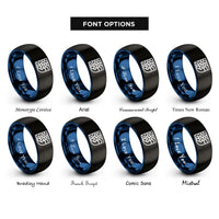 font options for inside engraving on black & blue basket weave icon rings