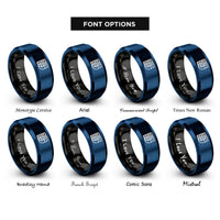 font options for inside engraving on black & blue basket weave icon rings
