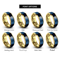 font options for inside engraving on gold & blue basket weave icon rings