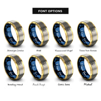font options for inside engraving on gold & blue & gray beach bonfire rings