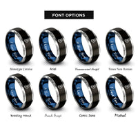 font options for inside engraving on black & blue & grey belay device rope rings