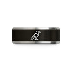 women engraved promise rings – black & silver tungsten raven wedding band
