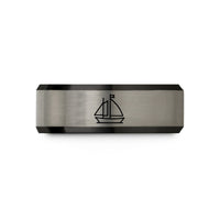 engraved ring gift women – black & blue & grey tungsten schooner sailboat wedding band