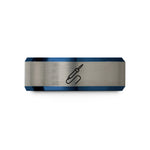custom laser engraved rings – blue & grey tungsten soldering iron wedding band