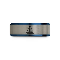 engraved rings for friends – black & blue & silver tungsten catamaran sailboat wedding band