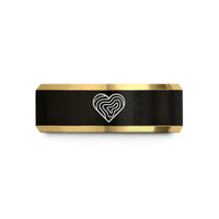 unique wedding ring design – black & gold tungsten heart topo lines wedding band