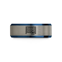 engraved rings for her – black & blue & gray tungsten soccer goal ball wedding band