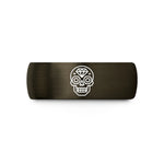 engraved rings for her – gunmetal & gold tungsten sugar skull geometric wedding band