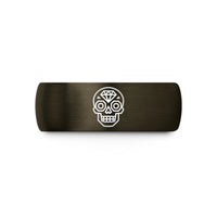 engraved rings for her – gunmetal & gold tungsten sugar skull geometric wedding band