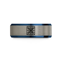 engraved rings for men – black & blue & grey tungsten square grid wedding band