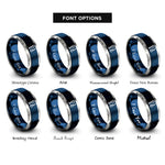 font options for inside engraving on blue & grey binary 0101 pattern rings