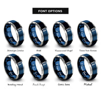 font options for inside engraving on blue & grey binary 0101 pattern rings