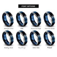 font options for inside engraving on blue & grey binary 0101 pattern rings