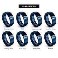 font options for inside engraving on blue binary 0101 pattern rings
