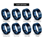 font options for inside engraving on blue binary 0101 pattern rings