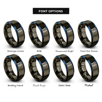 font options for inside engraving on gunmetal & blue binary 0101 pattern rings