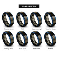 font options for inside engraving on gunmetal & blue binary 0101 pattern rings