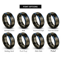 font options for inside engraving on gunmetal & blue binary 0101 pattern rings