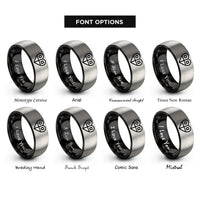 font options for inside engraving on black & gray binary heart rings