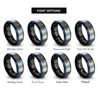 font options for inside engraving on black & blue & gray binary tree rings