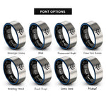 font options for inside engraving on black & blue & gray binary tree rings