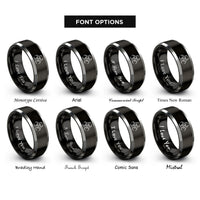 font options for inside engraving on black & grey biohazard symbol rings