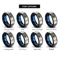 font options for inside engraving on black & blue & grey bird on branch rings