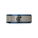 special occasion ring – blue & grey tungsten curly arrow wedding band